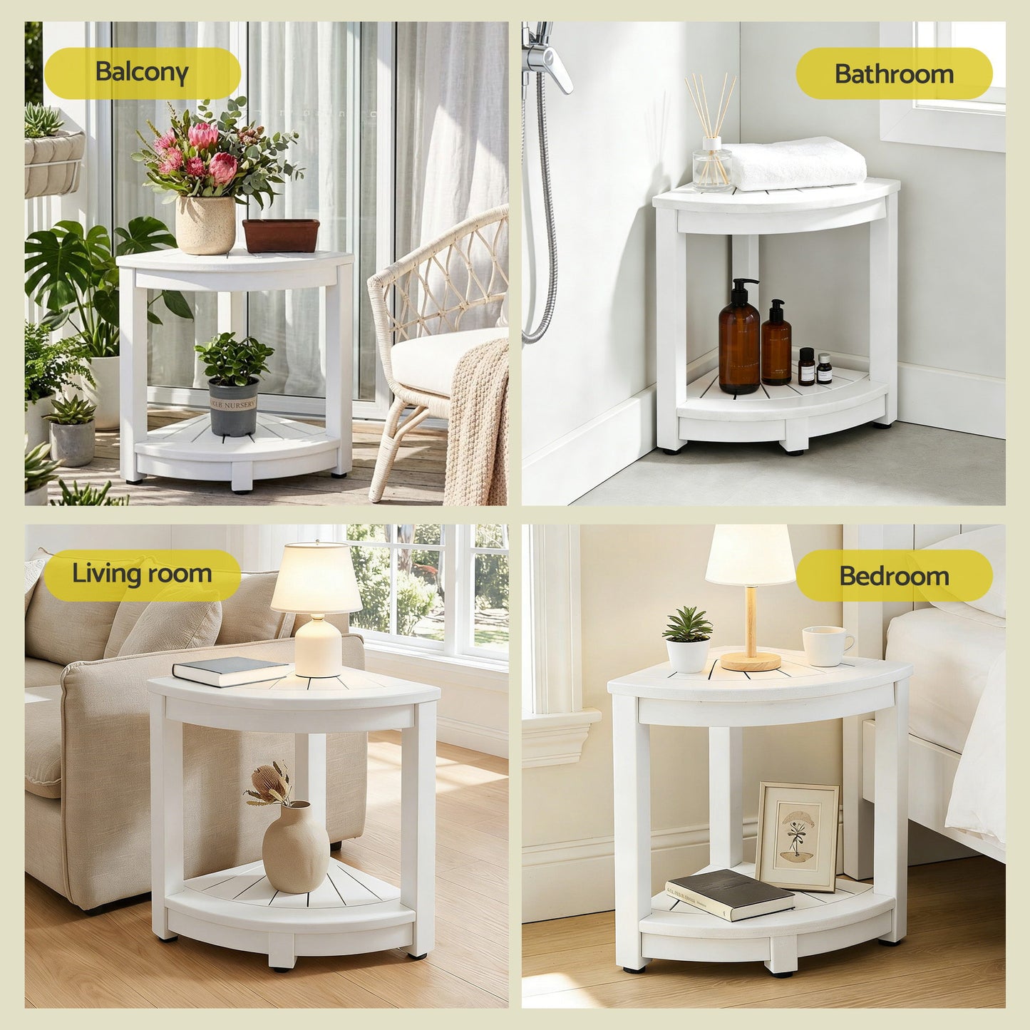 White corner side table for balcony, bathroom, living room, or bedroom with storage shelf