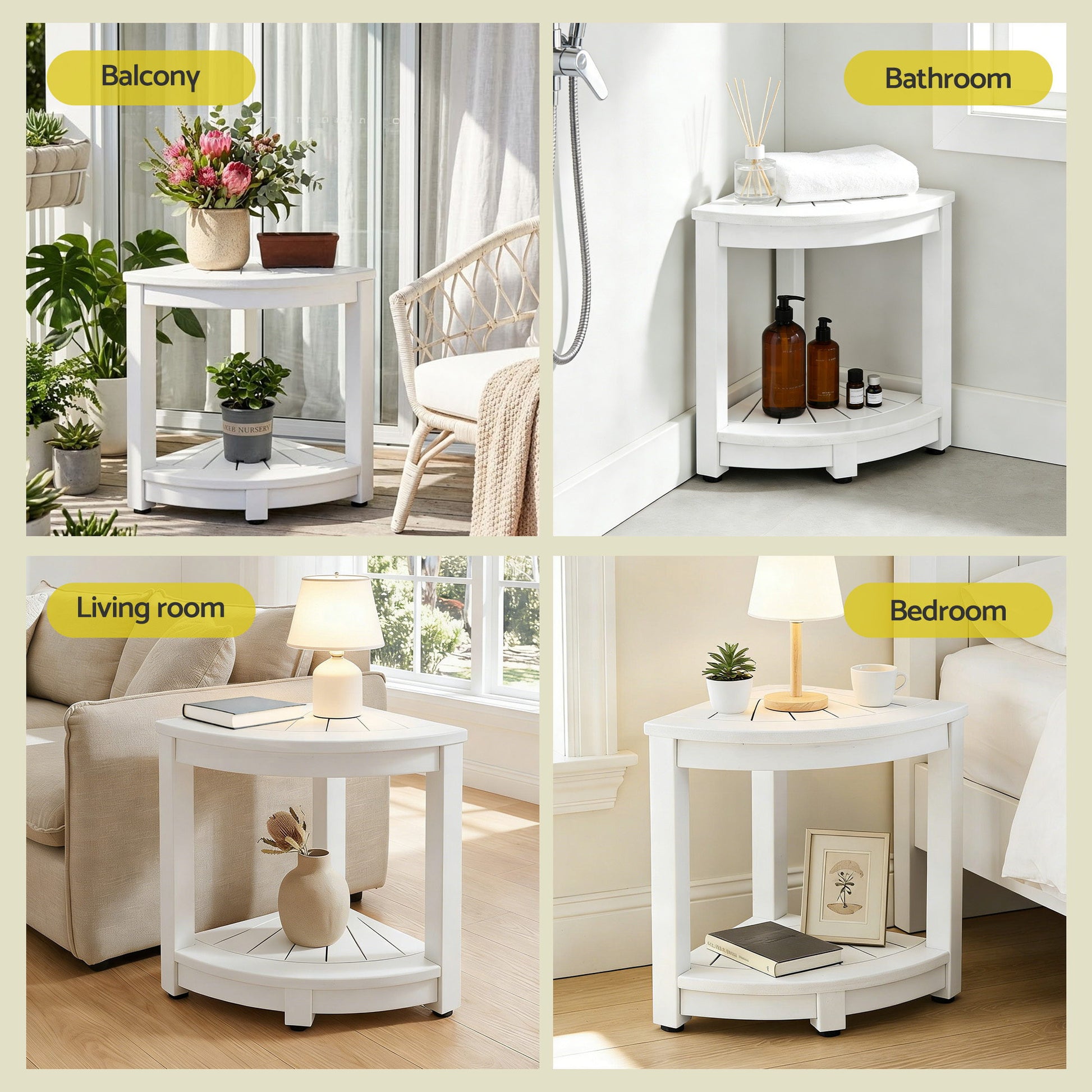 White corner side table for balcony, bathroom, living room, or bedroom with storage shelf
