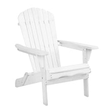 White wooden Adirondack chair with slatted back and wide armrests