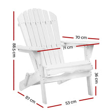 White outdoor Adirondack chair with armrests, shown with detailed dimensions in centimeters.