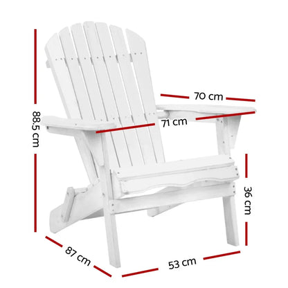 White outdoor Adirondack chair with armrests, shown with detailed dimensions in centimeters.