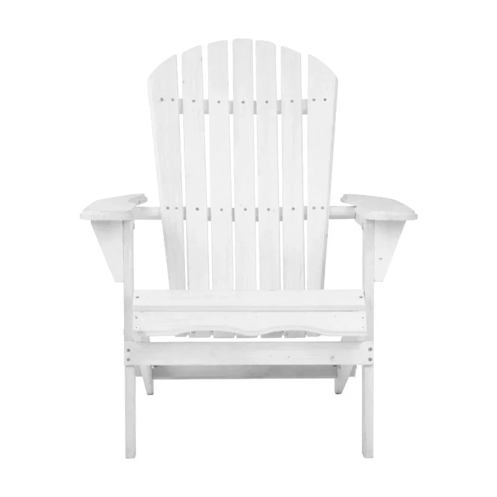 White wooden Adirondack chair with wide armrests, classic slatted back, outdoor furniture