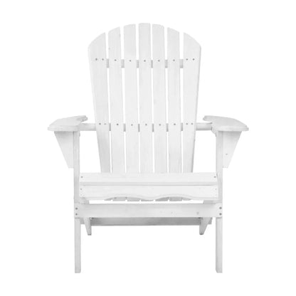White wooden Adirondack chair with wide armrests, classic slatted back, outdoor furniture