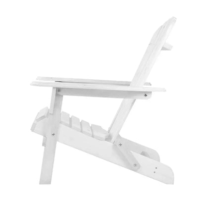 White wooden folding beach chair with slatted seat and back, side profile view