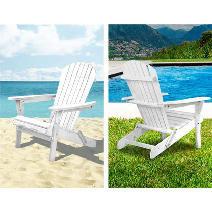 White Adirondack outdoor chair shown on beach sand and by a pool on grass.