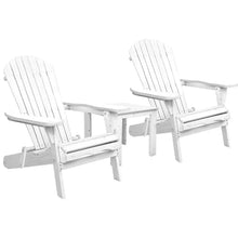 White outdoor Adirondack chair set with two chairs and a matching side table