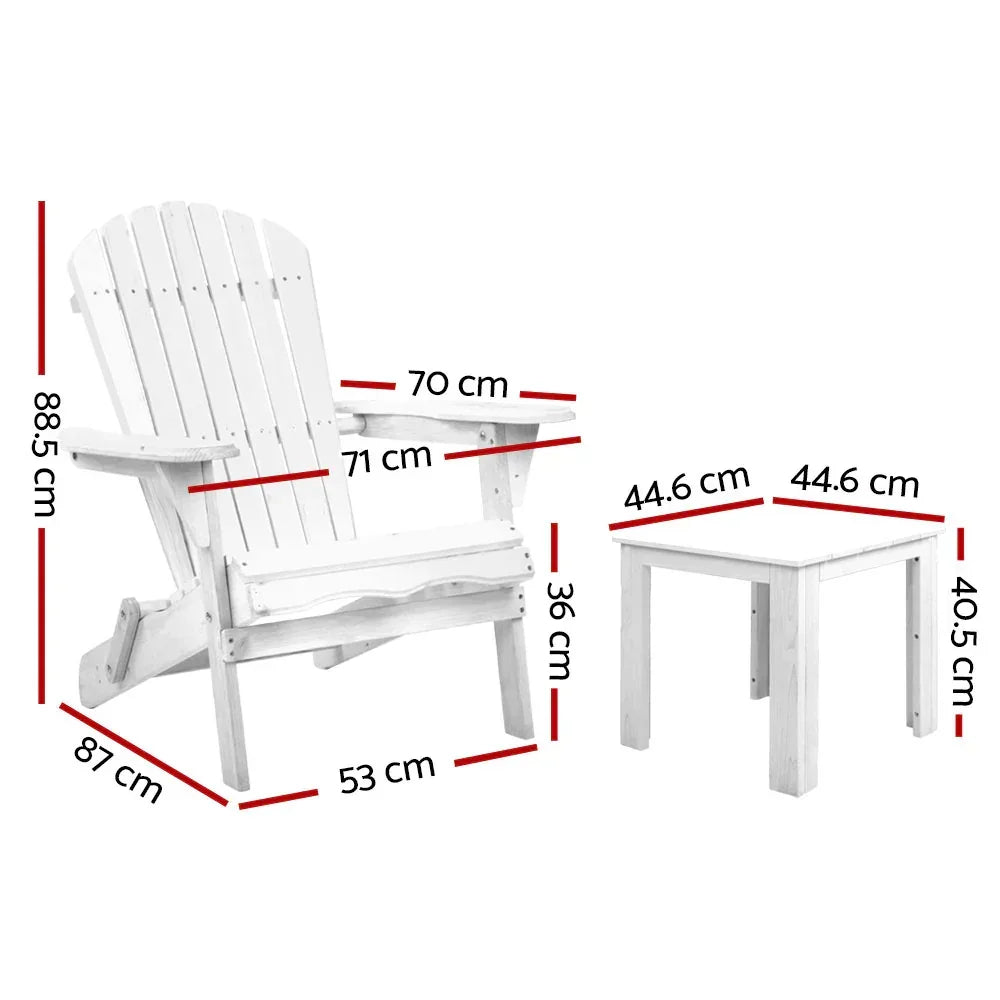 White outdoor Adirondack chair and side table set with detailed measurements in centimeters