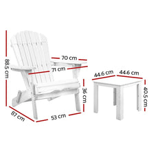White outdoor Adirondack chair and side table set with detailed measurements in centimeters