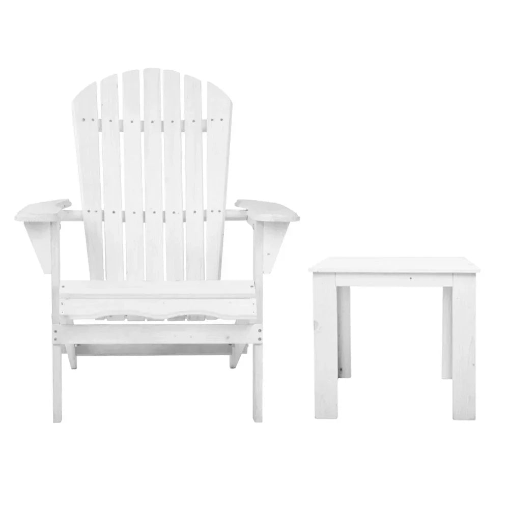 White wooden Adirondack chair and matching side table, outdoor beach furniture set