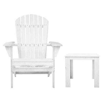 White wooden Adirondack chair and matching side table, outdoor beach furniture set