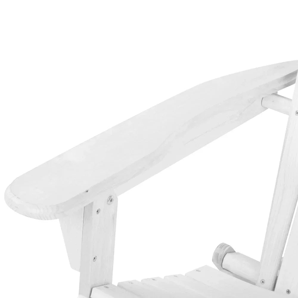 Close-up of white wooden outdoor chair armrest and slatted seat