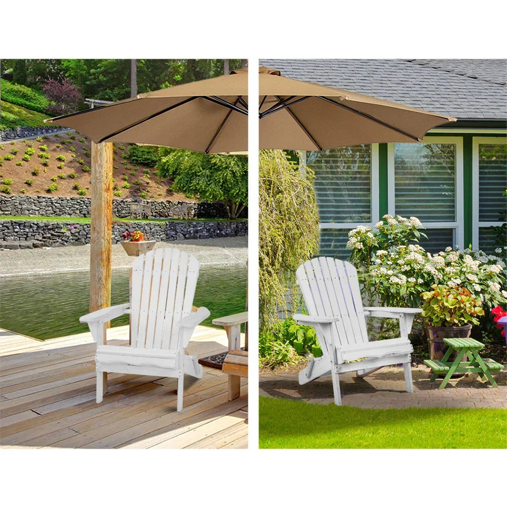 White Adirondack chairs set outdoors, on deck by water and in garden with flowers, under umbrella