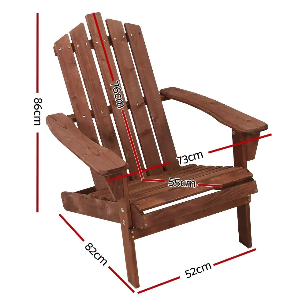 Wooden outdoor Adirondack chair with armrests, shown with detailed size measurements.