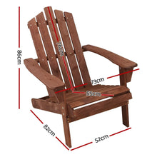 Wooden outdoor Adirondack chair with armrests, shown with detailed size measurements.