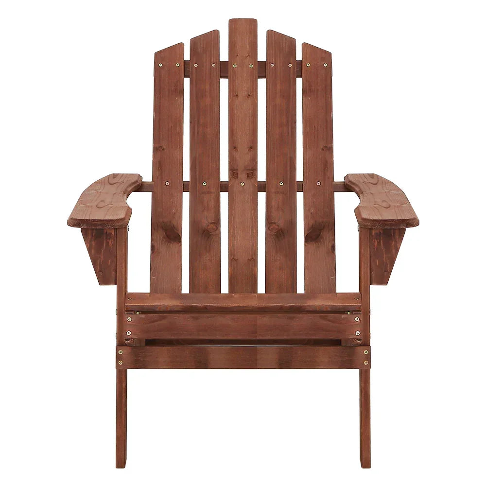 Wooden outdoor Adirondack chair with wide armrests and slatted back, front view