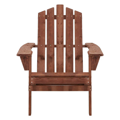 Wooden outdoor Adirondack chair with wide armrests and slatted back, front view