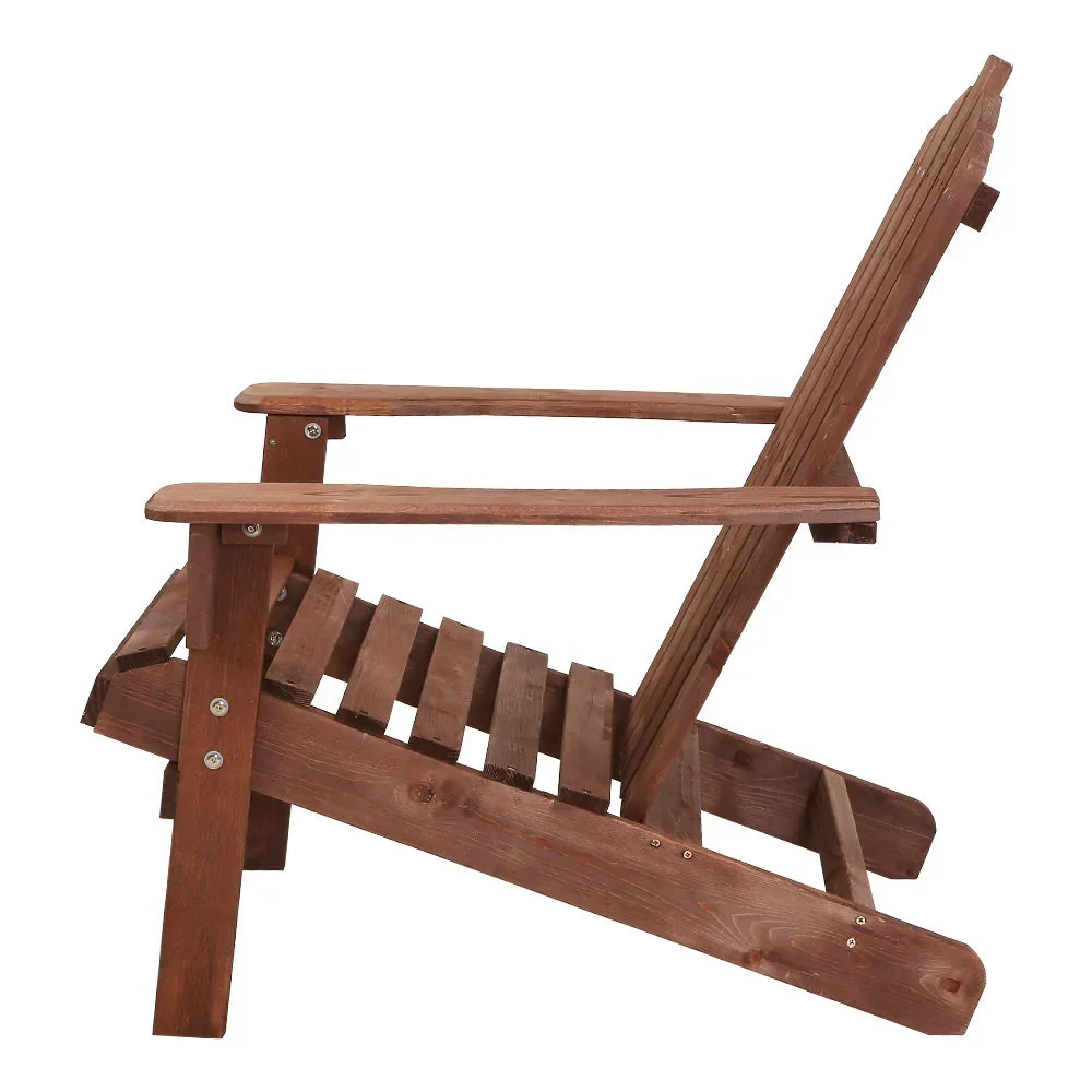 Wooden Adirondack chair with slatted seat and backrest, side view, outdoor furniture