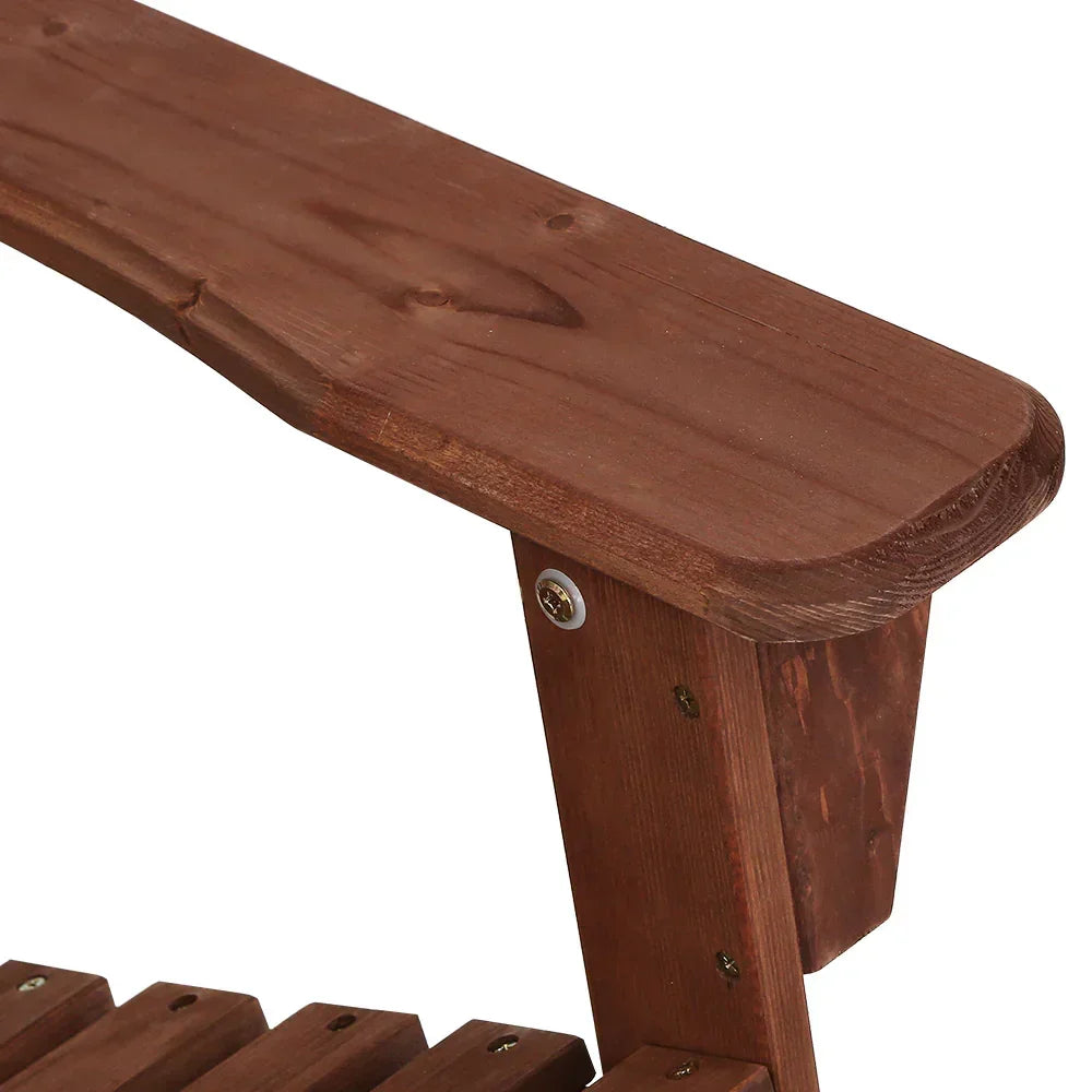 Close-up of brown wooden outdoor chair armrest and support with visible screws.