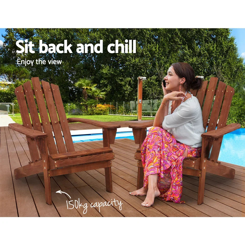 Woman relaxing on wooden outdoor Adirondack chair beside pool, 150kg capacity, deck setting