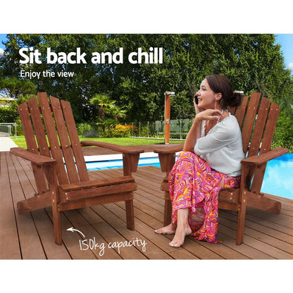 Woman relaxing on wooden outdoor Adirondack chair beside pool, 150kg capacity, deck setting