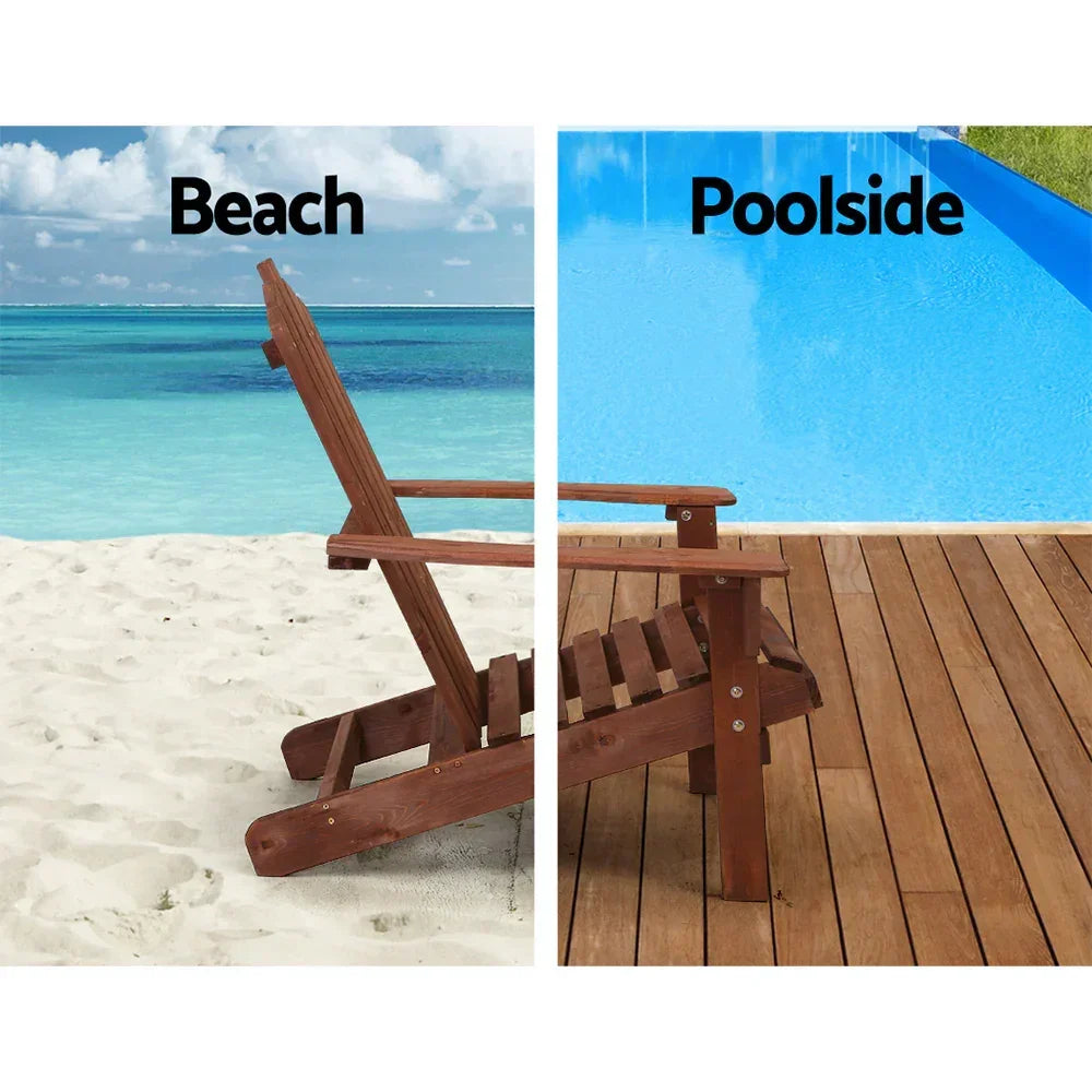 Wooden outdoor chair on beach sand and poolside decking with clear blue water