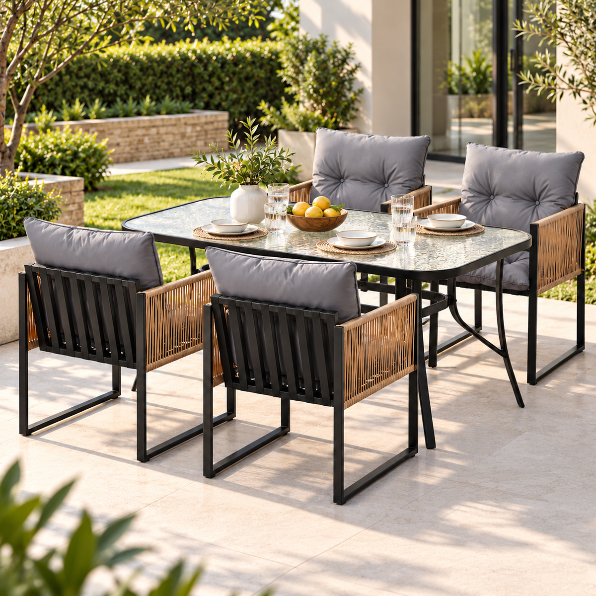 Gardeon 5 piece outdoor dining set with a 140cm tempered glass table and four wicker chairs in black