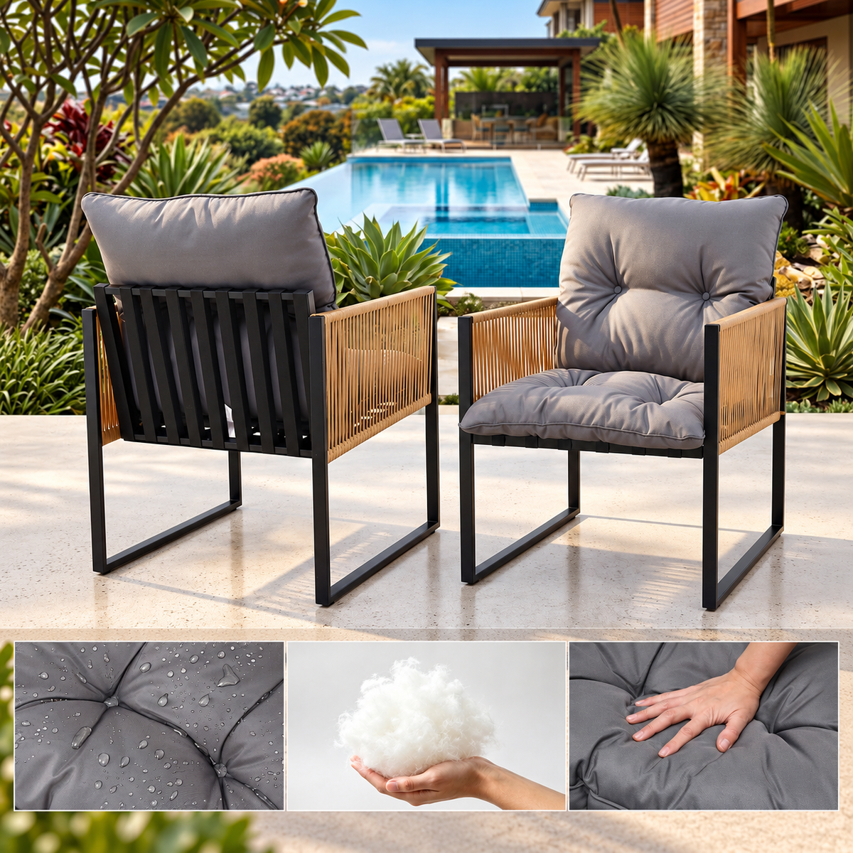 Cushioned seating with polyester fabric covers and PP cotton filling on all four chairs