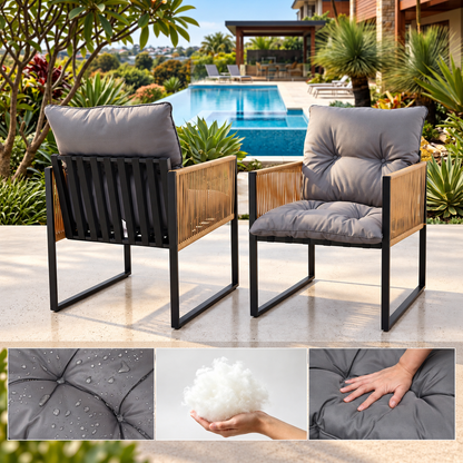 Cushioned seating with polyester fabric covers and PP cotton filling on all four chairs