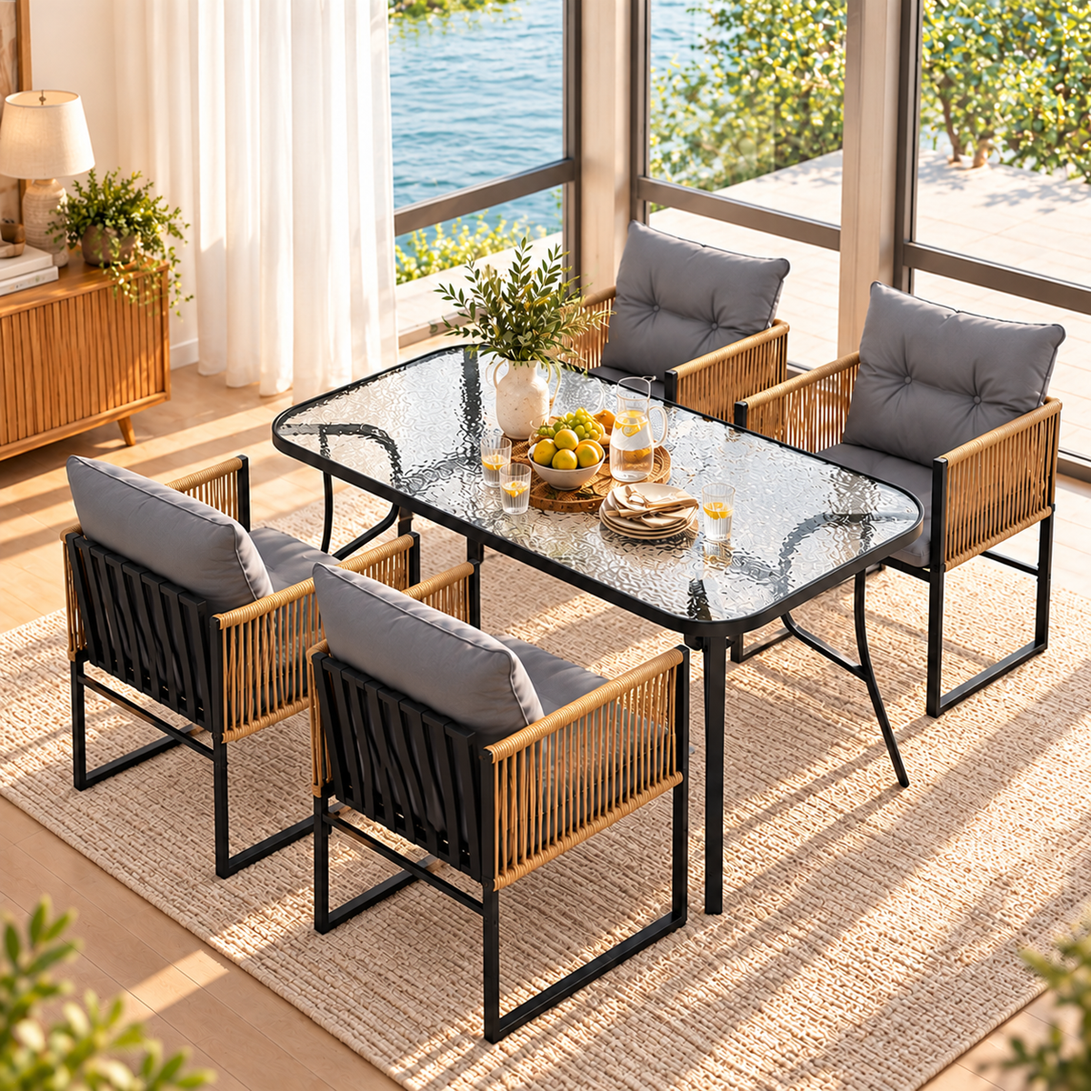 Black powder-coated steel table frame supporting a 60kg rated tempered glass tabletop