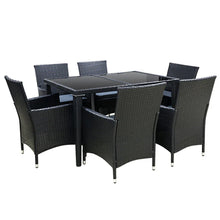 Seven-piece black rattan outdoor dining set with glass-top table and six chairs