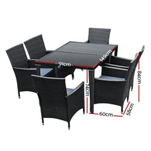 Black outdoor wicker dining set with glass-top table and six chairs, shown with measurements.