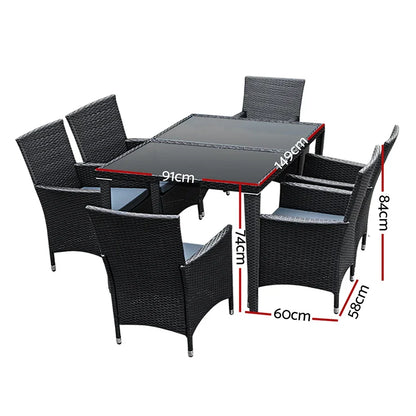 Black outdoor wicker dining set with glass-top table and six chairs, shown with measurements.