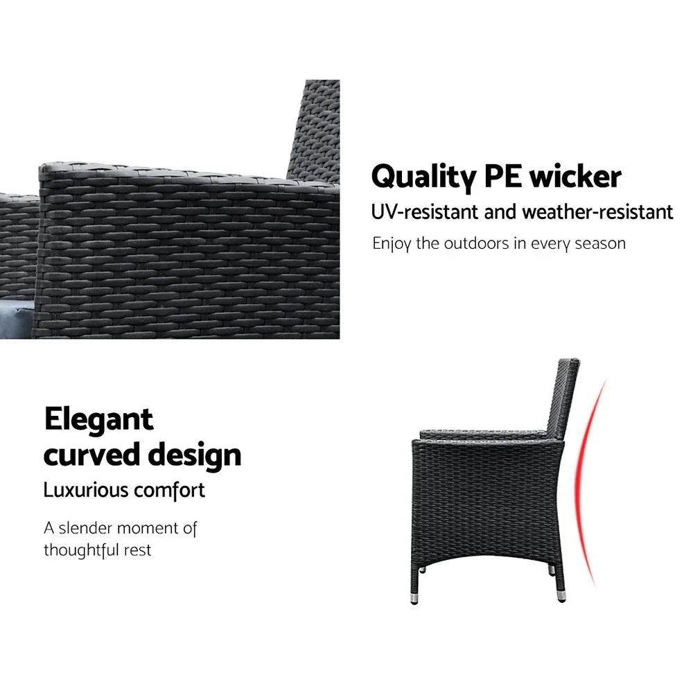 Black outdoor dining chair with weather-resistant PE wicker and elegant curved design.