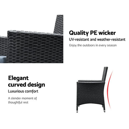 Black outdoor dining chair with weather-resistant PE wicker and elegant curved design.