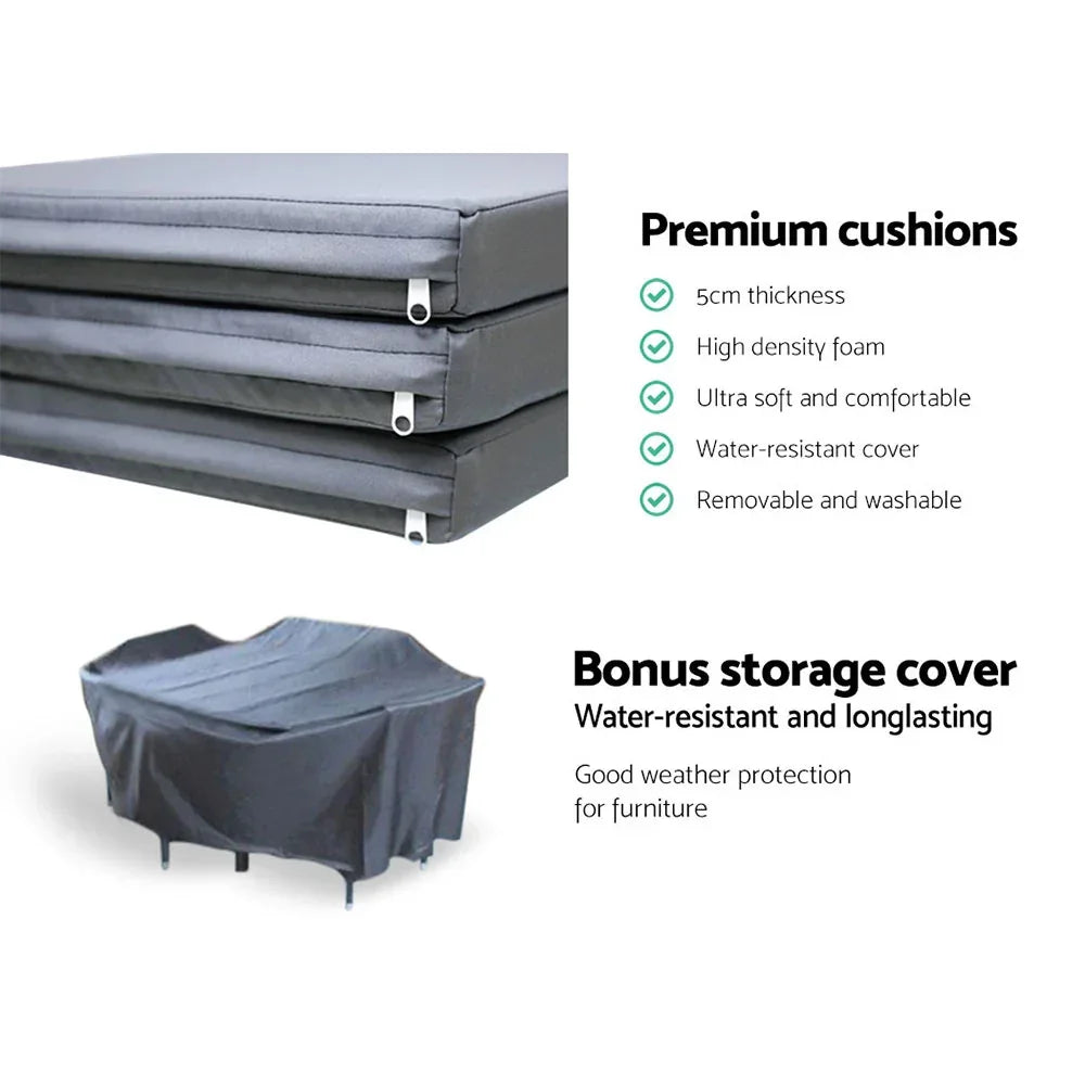 Stacked grey premium outdoor cushions with water-resistant storage cover and protective features.