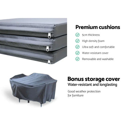 Stacked grey premium outdoor cushions with water-resistant storage cover and protective features.