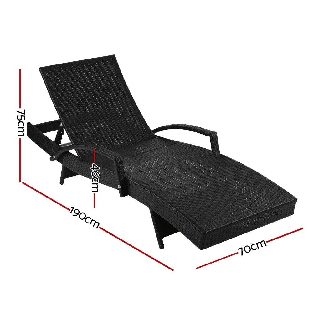 Black outdoor wicker lounge chair with armrests, reclined backrest, and size dimensions shown.