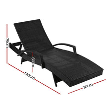 Black outdoor wicker lounge chair with armrests, reclined backrest, and size dimensions shown.