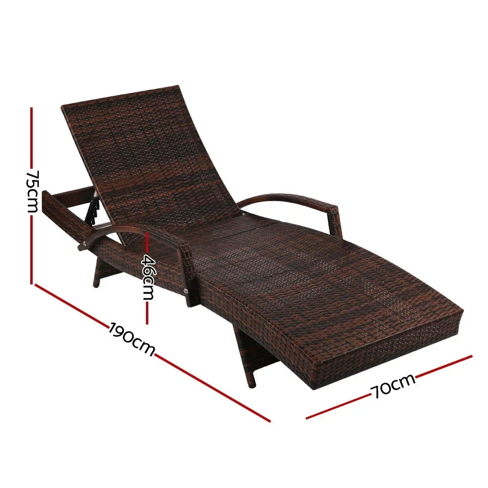 Brown rattan outdoor lounge chair with armrests, adjustable back, and labeled dimensions