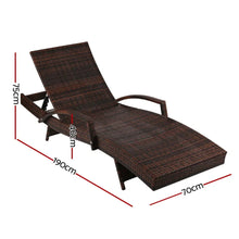 Brown rattan outdoor lounge chair with armrests, adjustable back, and labeled dimensions
