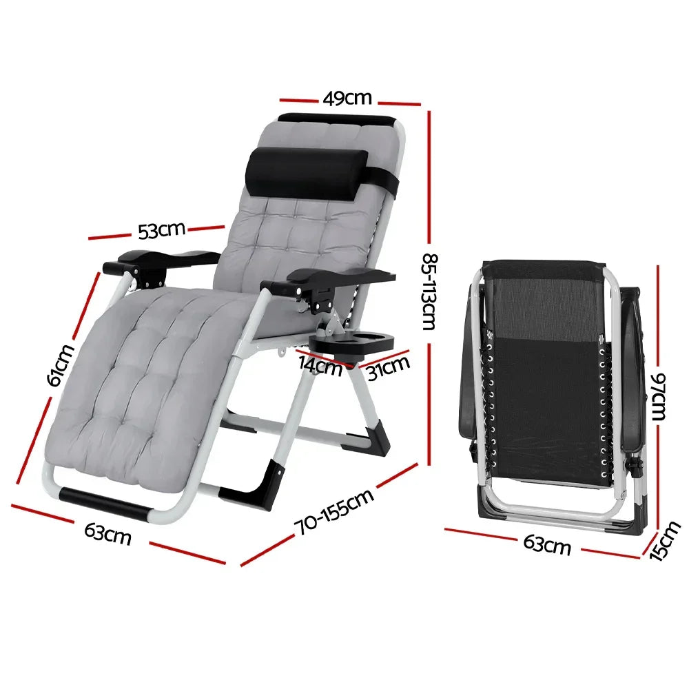 Padded reclining lounge chair with armrests, adjustable headrest, drink holder, and size measurements.