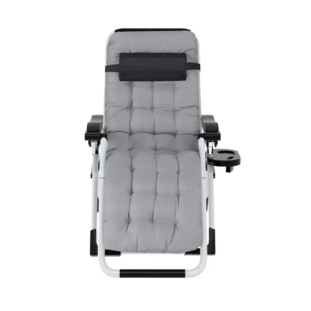 Padded grey reclining lounge chair with cup holder and headrest, isolated on white background.