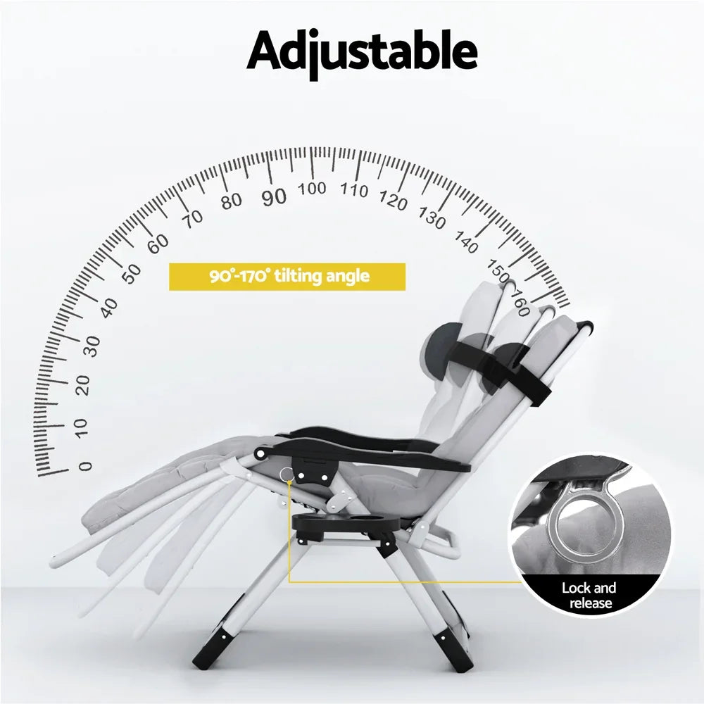 Adjustable lounge chair with 90°-170° tilting angle, recliner and lock feature shown