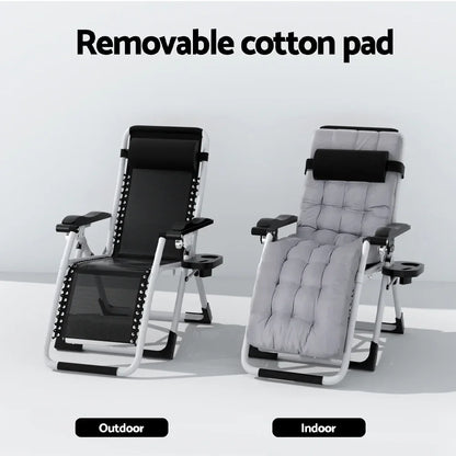 Two reclining lounge chairs side by side, one with a black mesh seat and one with a gray removable cotton pad.