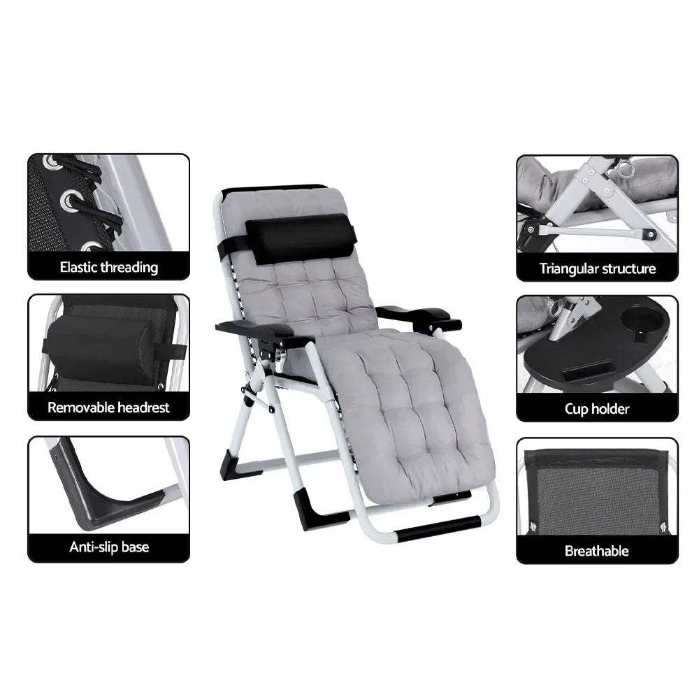 Grey padded lounge chair with cup holder, removable headrest, and anti-slip base features