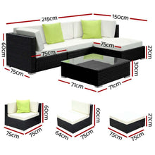 Black outdoor rattan modular lounge set with cream cushions and green pillows, product dimensions labeled.
