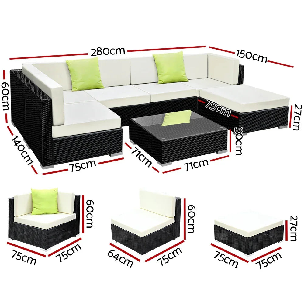 Outdoor 7-piece black rattan corner sofa set with cream cushions, glass coffee table, and size dimensions shown.