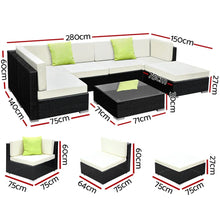 Outdoor 7-piece black rattan corner sofa set with cream cushions, glass coffee table, and size dimensions shown.