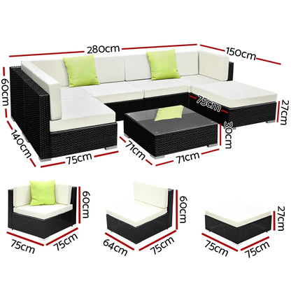Outdoor 7-piece black rattan corner sofa set with cream cushions, glass coffee table, and size dimensions shown.