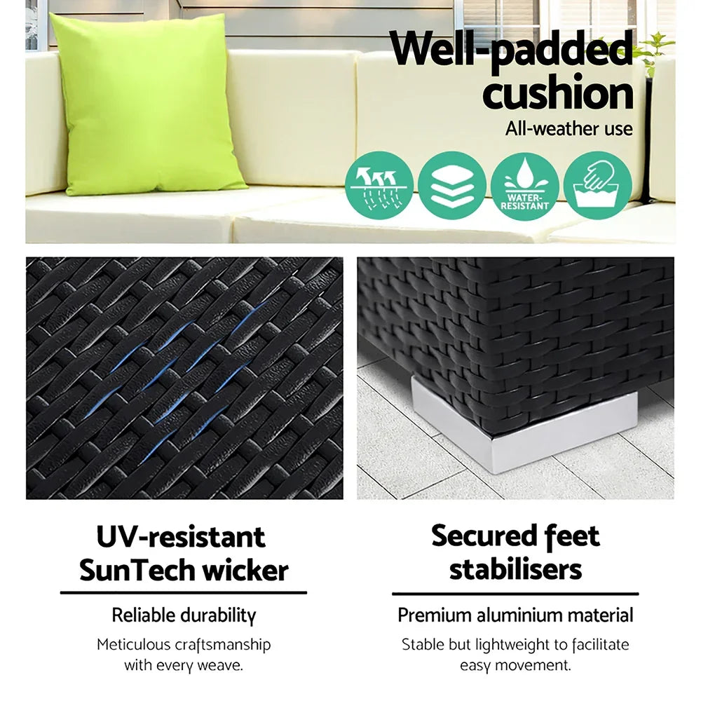 Outdoor wicker sofa with water-resistant cushions, UV-resistant SunTech wicker, and aluminium feet stabilisers.